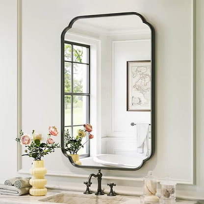 Black Scalloped Vanity Mirror, 24” x 36”Rounded Corner Rectangle Wall Mirrors with Metal Frame, Modern Vanity Bathroom Mirror for Over Sink, Bedroom, Entryway, Horizontal or Vertical
