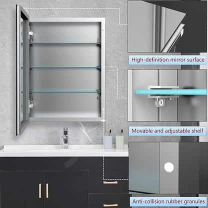 Medicine Cabinet Mirror with Storage, 16x26 inch Aluminum Bathroom Cabinet, Assembly Needed, Surface Mount or Recessed Wall Cabinet with Adjustable Glass Shelves for Bathroom Bedroom