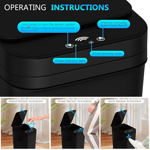 Bathroom Small Trash Can with Lid, Automatic Garbage Can, 2.6 Gallon | 3 Pack Touchless Slim Waterproof Motion Sensor Smart Trash Bin for Bedroom, Office, Living Room-Black