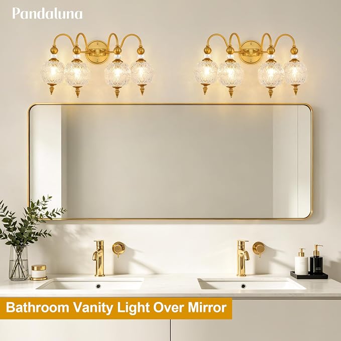 Vintage 4-Light Bathroom Vanity Light Over Mirror, Matte Brass | 22in Wide Farmhouse Bathroom Decor, Ribbed Glass Shades, G9 base, Wall Mounted, Mid Century Wall Sconces Vanity Lighting