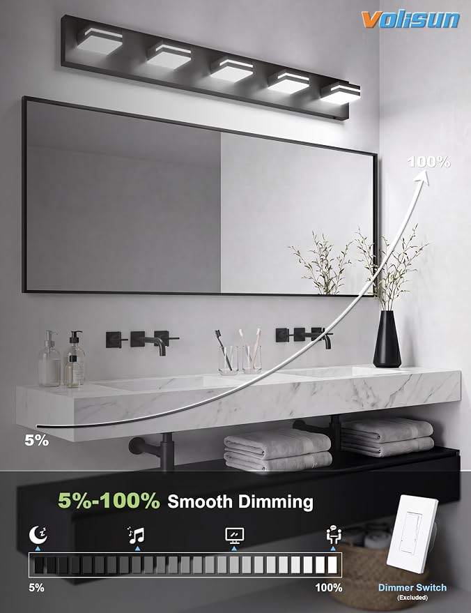 VOLISUN Modern 5-Light, 40-Inch Black Bathroom Vanity Light Fixtures Over Mirror, 5CCT Dimmable, Energy Efficient, ETL Certificated