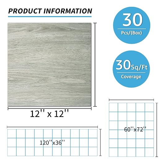 Art3d 30-Pack Peel and Stick Vinyl Floor Tiles, 12" x 12", White-Washed Oak | Premium Vinyl, Self-Adhesive, Waterproof, Wood Grain, Fade-Resistant, Scratch-Proof, Ideal for Kitchen, Dining Room, Bedrooms