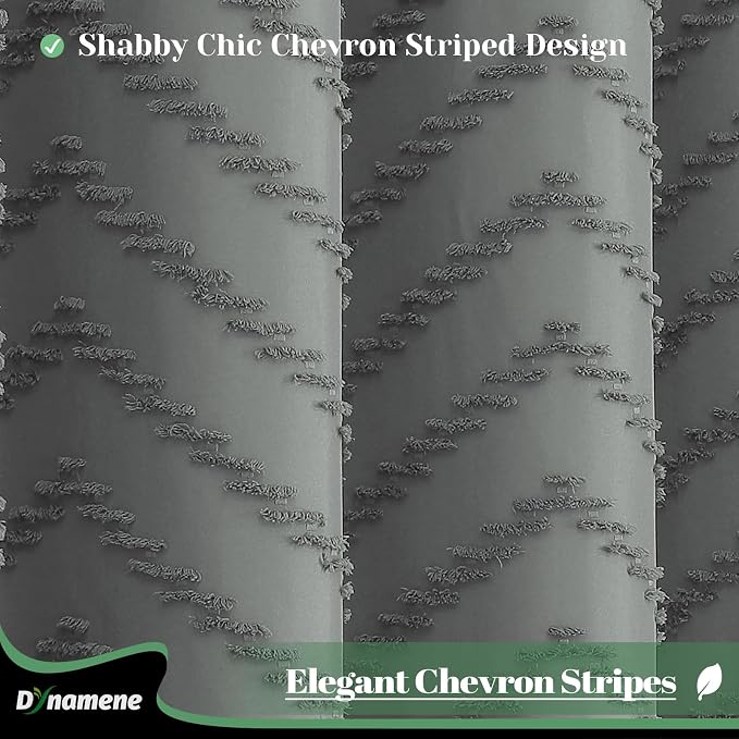 Extra Long Boho Shower Curtain Tufted Chevron 72x96 Charcoal Grey | 96 Inch Tall, Elegant Tassel, Lightweight Textured Fabric, Water Repellent, Washable, Hotel Spa, for Bathroom/Dorm 12 Hooks