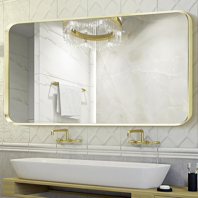 Gold Bathroom Mirror 28x60in, Metal Framed Rounded Rectangle Wall | Tempered Glass, Anti-Rust Frame, Hangs Horizontal or Vertical, HD Reflection Clarity