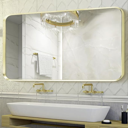 Gold Bathroom Mirror 28x60in, Metal Framed Rounded Rectangle Wall | Tempered Glass, Anti-Rust Frame, Hangs Horizontal or Vertical, HD Reflection Clarity
