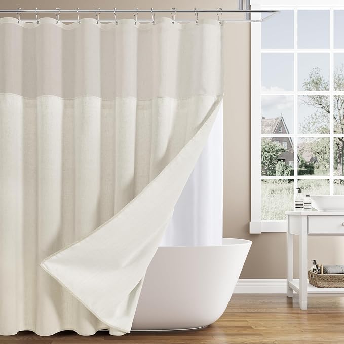 Extra Long Linen Shower Curtain 84 Inches Beige Double Layer | Natural Ivory Cream, Curtains with Hook, Snap in Liner, Water Repellent, Bath Decor, 1 Panel, 72x84