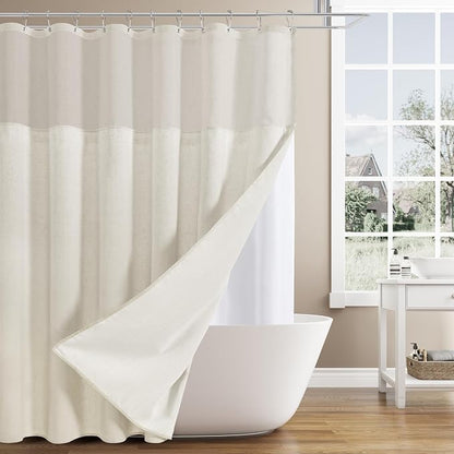 Extra Long Linen Shower Curtain 84 Inches Beige Double Layer | Natural Ivory Cream, Curtains with Hook, Snap in Liner, Water Repellent, Bath Decor, 1 Panel, 72x84