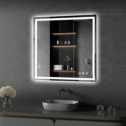Koonmi 28x28 LED Bathroom Mirror with Light, Anti-Fog, 3 Colors | Backlit + Front Lit, Dimmable Brightness, Shatterproof HD Distortion-Free Tempered Glass, Hardware Included