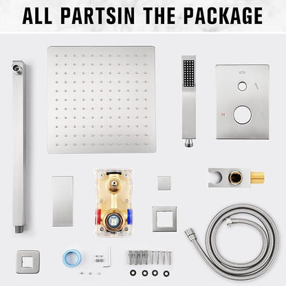 10 Inch Rainfall Shower System - Wall Mounted Complete Combo with Solid Brass Pressure Balancing Valve, High Pressure Shower Head, Handle Set & Installation Accessories Nickel