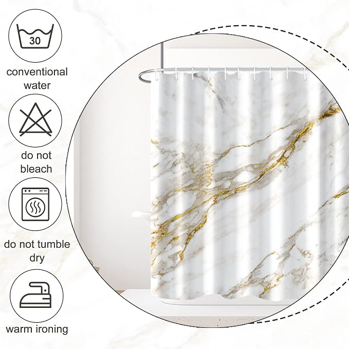 AWERT Abstract Minimalism White and Gold Ink Art Marble Shower Curtain for Bathroom Modern High Definition Printing Waterproof Shower Curtain with Hooks Bathroom Decor 72x84 inch