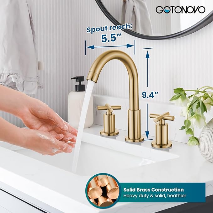 gotonovo 3 Hole Bathroom Faucet 8 inch Widespread Sink Vanity Faucet for Bathroom Sink 2 Cross Handle Deck Mount Basin with Pop Up Drain 360° Swivel Spout Brushed Gold