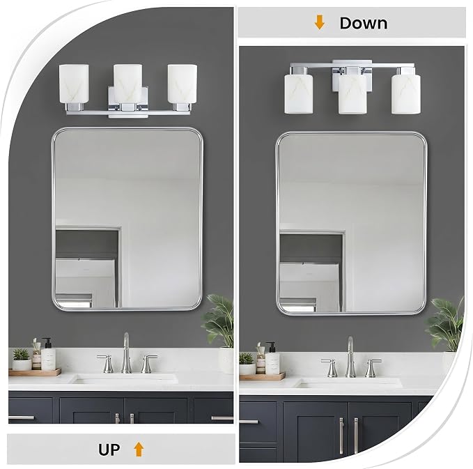 3-Light Square Bathroom Light Fixture, Chrome Modern Vanity Light with White Marble Glass Shade, for Bathroom Mirror, Living Room, Bedroom, Hallway, E26 Base