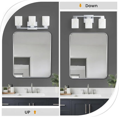 3-Light Square Bathroom Light Fixture, Chrome Modern Vanity Light with White Marble Glass Shade, for Bathroom Mirror, Living Room, Bedroom, Hallway, E26 Base