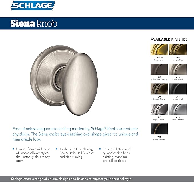 Schlage F40 SIE 622 Sienna Door Knob, Bed & Bath Privacy Lock, Matte Black