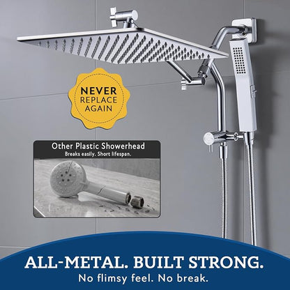 G-Promise 12 Inch All Metal Rain Shower Head with Handheld Spray (Chrome) | Full Body Coverage, Pause Mode Diverter, Power Wash Mode Handheld, Suits Every Height, Easy to Install, Modern Bath Upgrade