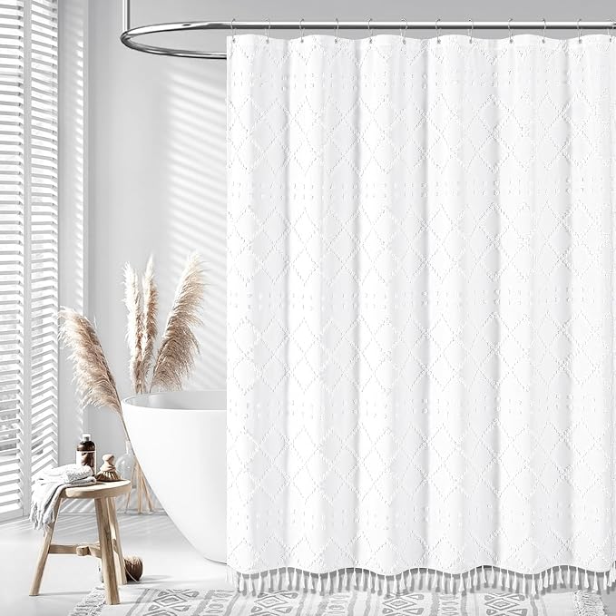 Extra Long Boho Fabric Shower Curtain Tufted Geometric 72x84 White | 84 Inch Tall, Elegant Tassel, Lightweight Textured Fabric, Water Repellent, Washable, Hotel Spa, for Bathroom/Dorm 12 Hooks