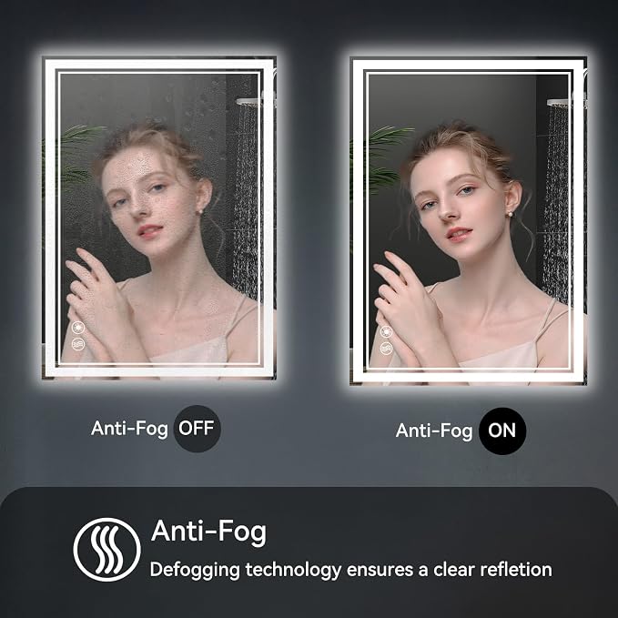 24 x 32” LED Mirror for Bathroom with Lights Anti-Fogging Dimmable 3 Colors LED Bathroom Mirror with Lights Memory Function Smart Mirror Touch Sensor Square Wall Mounted