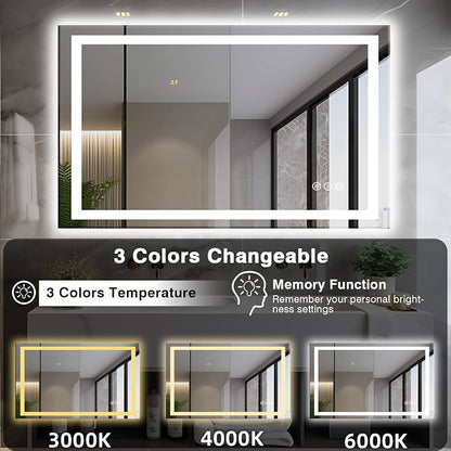 EchosLife 48"x30" LED Bathroom Mirror | Backlit + Front Lit, Anti-Fog, Stepless Dimmable, 3 Colors, Memory, Tempered Glass, UL Listed, Horizontal/Vertical