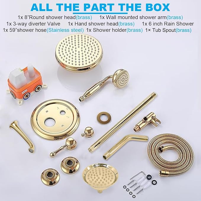 Enga Antique Shower Faucet Sets Dual Heads with Tub Spout 8" Ceiling & 6" Wall Mount Vintage Shower Head Handheld Spray Combo, 4 Way Diverter Brass with Trim Kit, Bright Gold