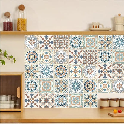 36Pcs 9 Styles Mediterranean Peel and Stick Tile 4 x 4 Inch Decorative Tile Stickers Square Flower Pattern Waterproof PVC Decals for Kitchen Bathroom Backsplash Furniture DIY Home Decor