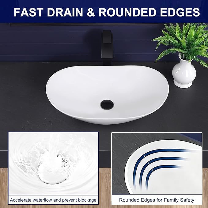 Vessel Sink 23.8"x14.2" Oval Bathroom Sink Modern White Porcelain Ceramic Above Counter Vanity Sink for Bathrooms Art Basin