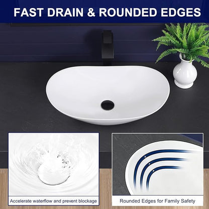 Vessel Sink 23.8"x14.2" Oval Bathroom Sink Modern White Porcelain Ceramic Above Counter Vanity Sink for Bathrooms Art Basin
