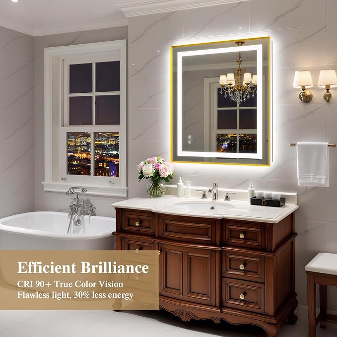 30X36 Inch Frontlit+ Backlit LED Bathroom Mirror with Lights Gold | Bathroom Vanity Mirror for Wall, Ultra-Clear Tempered Glass, Shatter-Proof, Anti-Fog and Memory Function, ETL Listed