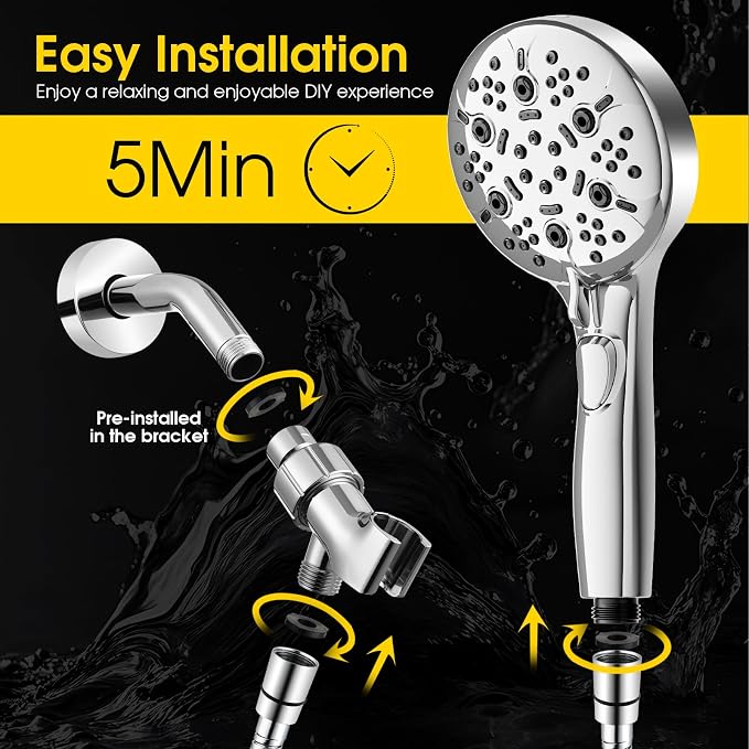 High Pressure Shower Head with Handheld,Power Wash & Auto Reset | 8-setting Shower Spray with on off Switch,79in Stainless Steel Extra Long Hose&Bracket.Easy for Seniors, kids & Pets,Sliver