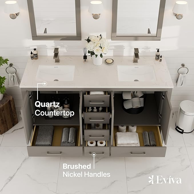 Eviva London 60 in. Gray Double Sink Bath Vanity with Carrara Quartz Top and Undermount Porcelain Sinks