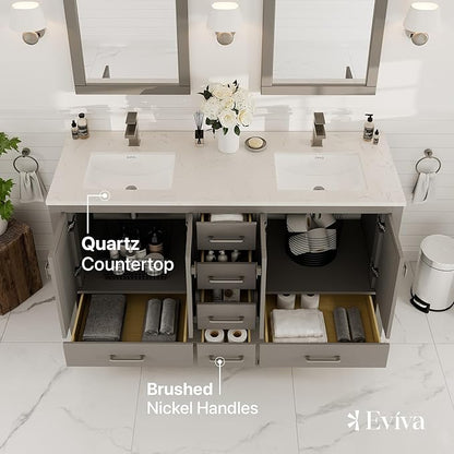 Eviva London 60 in. Gray Double Sink Bath Vanity with Carrara Quartz Top and Undermount Porcelain Sinks