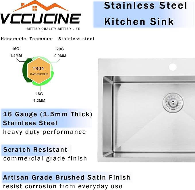 VCCUCINE 28x18 Inch Drop in Kitchen Sink 16 Gauge Top Mount Handmade T304 Brushed Nickel Kitchen Sink,Stainless Steel Single Bowl Workstation Topmount Overmount Sink with Strainer