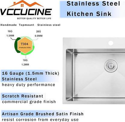 VCCUCINE 28x18 Inch Drop in Kitchen Sink 16 Gauge Top Mount Handmade T304 Brushed Nickel Kitchen Sink,Stainless Steel Single Bowl Workstation Topmount Overmount Sink with Strainer