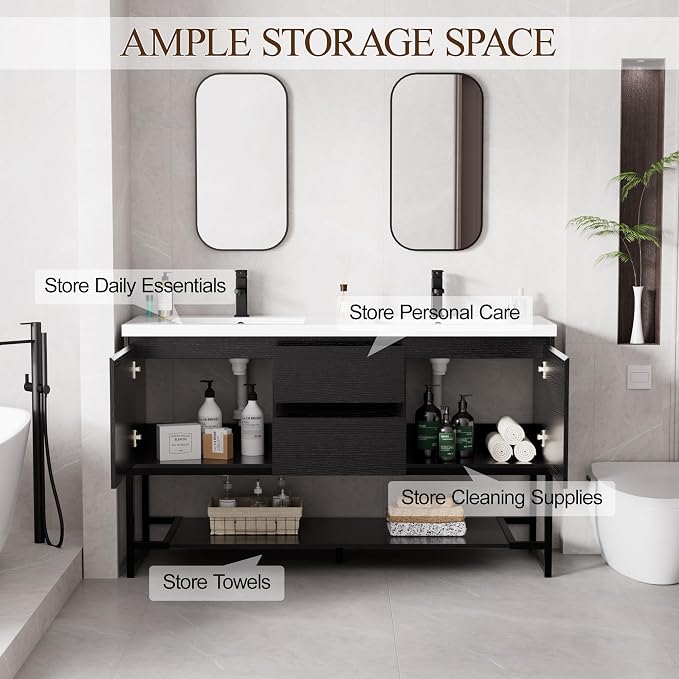 LUCKWIND 60" Modern Bathroom Vanity with Dual White Sink Combo, Freestanding Storage Cabinet with Metal Frame, Matte Black Faucet and Open Shelf and 2 Soft-Closing Door, Black