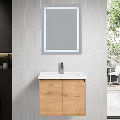 Blossom 24 Inch Classic Oak Plywood Bathroom Vanity with Ceramic Sink, Modern Wall Mounted Floating Bathroom Vanity Cabinet with Soft Close Doors and Moisture Resistant Finish