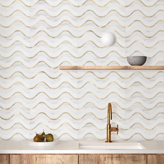 Vamos Tile Peel and Stick Backsplash Seamless Tile,Dolomite+White+Gold,10 | Stick on Backsplash for Kitchen and Bathroom, PVC Mix Metal Gold Self Adhesive Wall Tiles,11.8''x10.15''