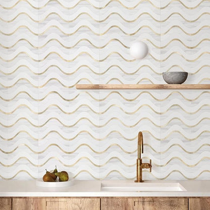 Vamos Tile Peel and Stick Backsplash Seamless Tile,Dolomite+White+Gold,10 | Stick on Backsplash for Kitchen and Bathroom, PVC Mix Metal Gold Self Adhesive Wall Tiles,11.8''x10.15''