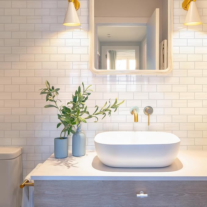 STICKGOO Peel and Stick Backsplash on Subway Tiles, Glossy Dolomite White | 10-Sheet Stick on Kitchen Backsplash, Waterproof, Self Adhesive PVC Wall Tiles for Kitchen, Bathroom, Fireplace