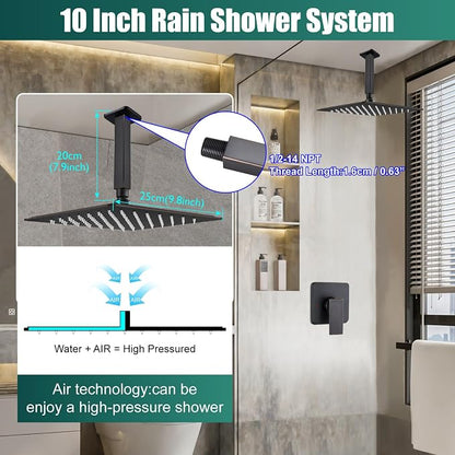Heyalan10 Inch Ceiling Mount Shower Faucet Set with Valve,Oil Rubbed Bronze | Rainfall shower head, ceiling-mount design, SUS304 steel, adjustable angle, single-handle control