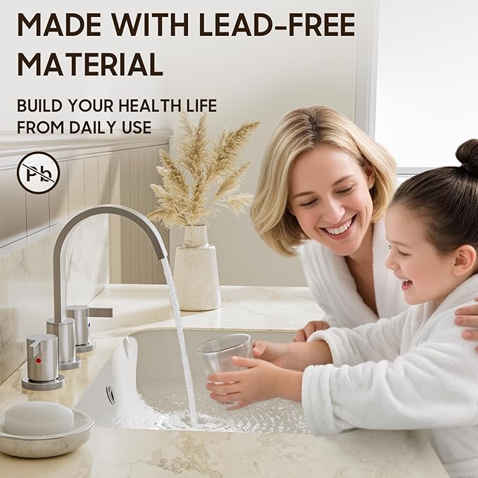 Phiestina 8 Inch Brushed Nickel Waterfall 2-Handle 3-Hole Widespread Bathroom Faucet with Pop-up Drain and Valve, WF40-1-BN