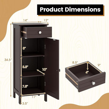 Giantex 34.5" Bathroom Cabinet with Drawer & Single Door (Brown) | Narrow Side Storage Organizer with 6 Shelf Positions, Freestanding Floor Storage Cabinet for Bathroom, Living Room, Entryway