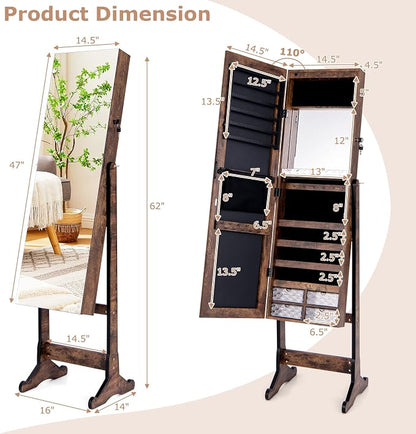 CHARMAID Jewelry Armoire Cabinet with Full Length Mirror, 6 LEDs Standing Lockable Jewelry Organizer with Vanity Makeup Mirror, 4 Storage Drawers, 4 Shelves, Lipstick Tray, 4 Angles (Rustic Brown)