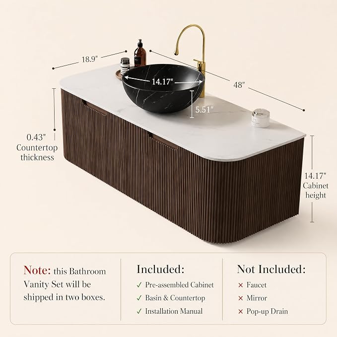 48 Inch Bathroom Vanity with Sink, Floating Wall Mounted Single Sink Vanity, Dark Walnut Curved Fluted Front, Stone Top, Black Marble Vessel Basin, Pre-Assembled