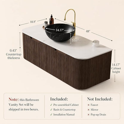 48 Inch Bathroom Vanity with Sink, Floating Wall Mounted Single Sink Vanity, Dark Walnut Curved Fluted Front, Stone Top, Black Marble Vessel Basin, Pre-Assembled