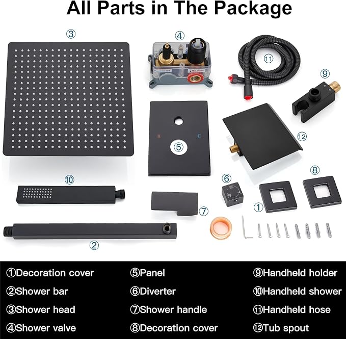 Midanya Shower System with Tub Spout,16 Inch Shower Head,Matte Black | with Valve & Trim Kit,Square Rain Head,Handheld Sprayer,Waterfall Spout,All Metal Wall Mount Bathroom Shower Tub Faucet Set