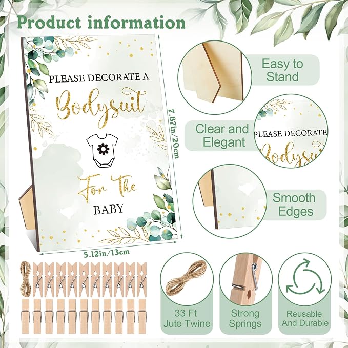 Panitay 126 Pcs Baby Shower DIY Bodysuit Set Bib 25 Blank White Newborn Bodysuit 25 Stencils 24 Marker 1 Sign 50 Pins(Greenery)