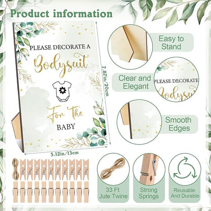 Panitay 126 Pcs Baby Shower DIY Bodysuit Set Bib 25 Blank White Newborn Bodysuit 25 Stencils 24 Marker 1 Sign 50 Pins(Greenery)