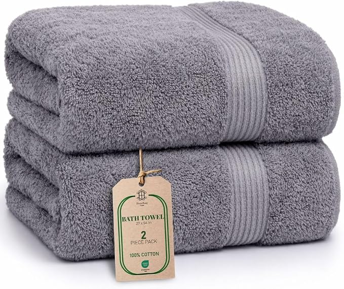 Luxe 2-Piece Bath Towel Set – Large Soft Cotton Towels, Absorbent, Durable & Skin-Friendly, Machine Washable, 27 x 54 in, Stone Grey