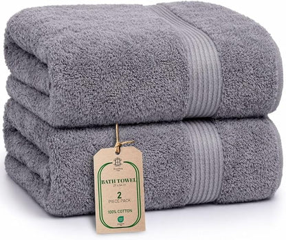 Luxe 2-Piece Bath Towel Set – Large Soft Cotton Towels, Absorbent, Durable & Skin-Friendly, Machine Washable, 27 x 54 in, Stone Grey