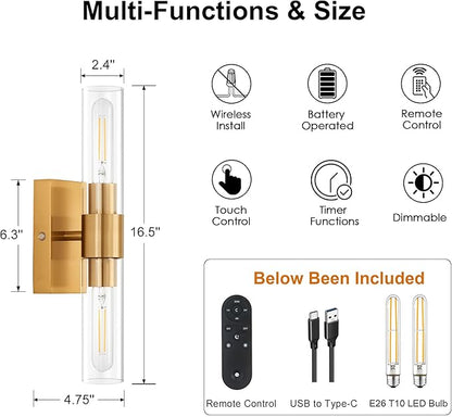 Gold Battery Operated Wall Sconce Set of 2 with Remote Control, 12000mAh Rechargeable Wall Lights, Wireless Dimmable Wall Lamps for Bedroom Living Room Bathroom Hallway Entryway Stairwell