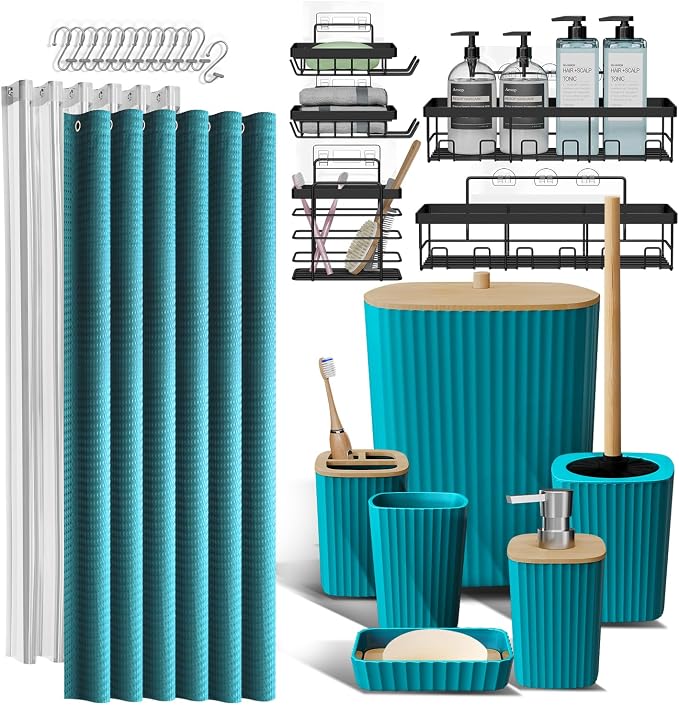 Clara Clark Bathroom Accessories Set - Bathroom Set with Adhesive Corner Shower Caddy Hanging, 25PC Bathroom Accessory Set, Teal Shower Curtain Set, Toilet Brush, Trash Can & Soap Dispenser | 25 Piece Bathroom Accessories Set with Toothbrush Holder, So...